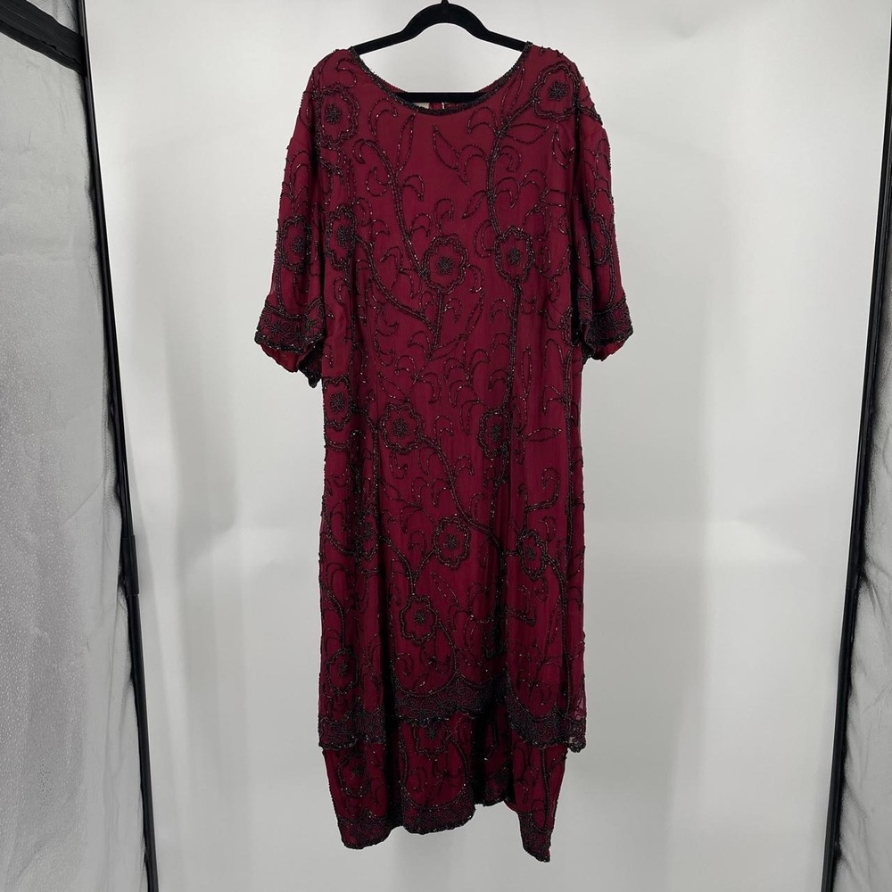 Vintage 90s Stenay Gothic Silk Floral Beaded Dress 20 XXL Dark Romantic Art Deco
